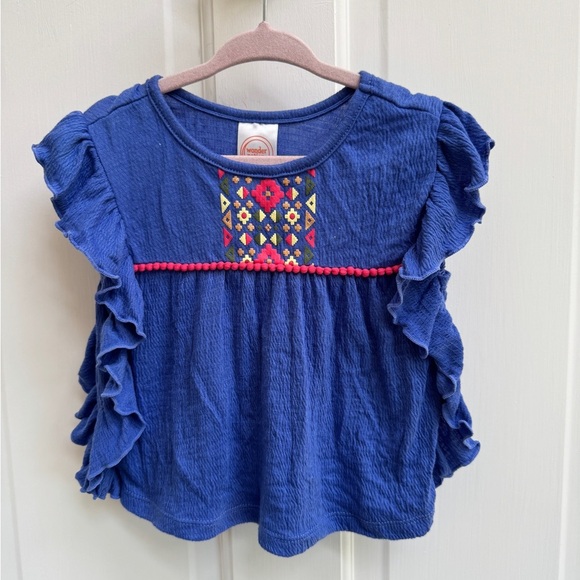 NWOT Wonder Nation 2T Girls Blue Embroidered Short Sleeve Blouse Ruffled Sleeves - Picture 1 of 5